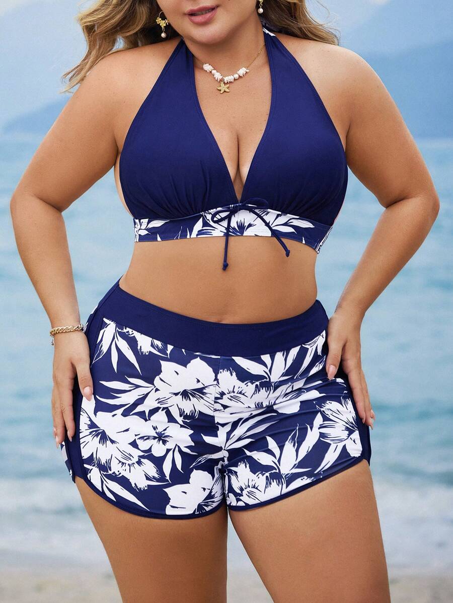 Swim SPRTY 2pcs Plus Size Women Assorted Print Halter Tie-Front Split Tankini Swimsuit, Casual Summer Beach Wear - Multicolor - View 1