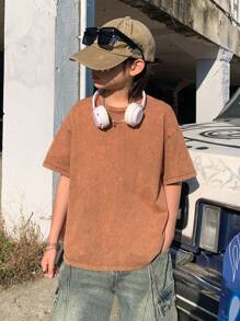 SHEIN 青少年男童时尚休闲 Y2k 卡其色舒适棉质牛仔短袖小圆领T恤上衣，适合儿童日常穿着，柔软舒适，也适合儿童春夏穿着。 - 卡其色 - 查看 3