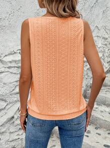 Calvaya Women's Laser Cut & Embroidery Keyhole Neck Solid Color Casual Tank Top, Summer - Orange - View 2