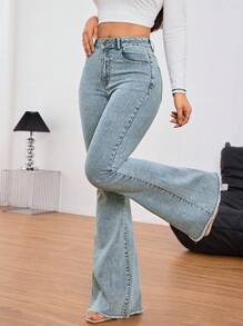 SHEIN Tall Jeans vaqueros casuales versátiles con vuelo y bolsillos para mujer - Neblina azul - Ver 8