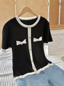 Comfortcana Plus Size Women Crew Neck Short Sleeve Button Design Casual Knit Top Winter Fall Autumn