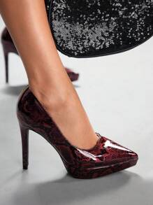 CUCCOO SZL Snake Skin Pattern Closed Toe Stiletto High Heel Fashionable Ladies Dress Shoes - Burgundy - View 5