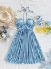 Soleia Vestito estivo boho da donna, vestito da donna con scollo alla coreana, vestito estivo da donna per Pasqua e laurea, abito mini plissettato di colore unito da donna con collo alla halter, abiti estivi da donna