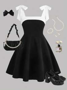 Girlism TEENGIRL 黑色撞色蝴蝶结可爱 A 字裙，适合学校、派对、婚礼