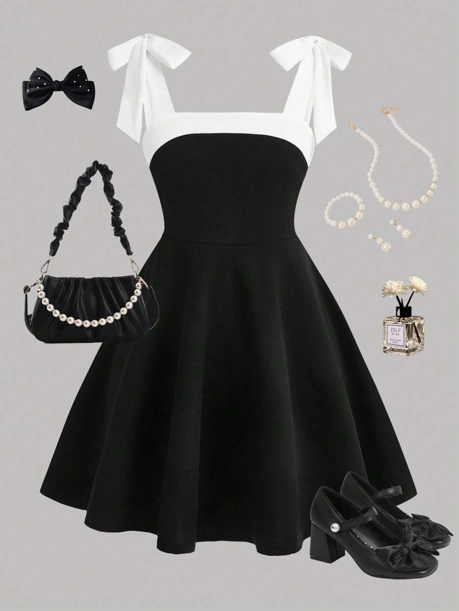 Girlism TEENGIRL 黑色撞色蝴蝶结可爱 A 字裙，适合学校、派对、婚礼