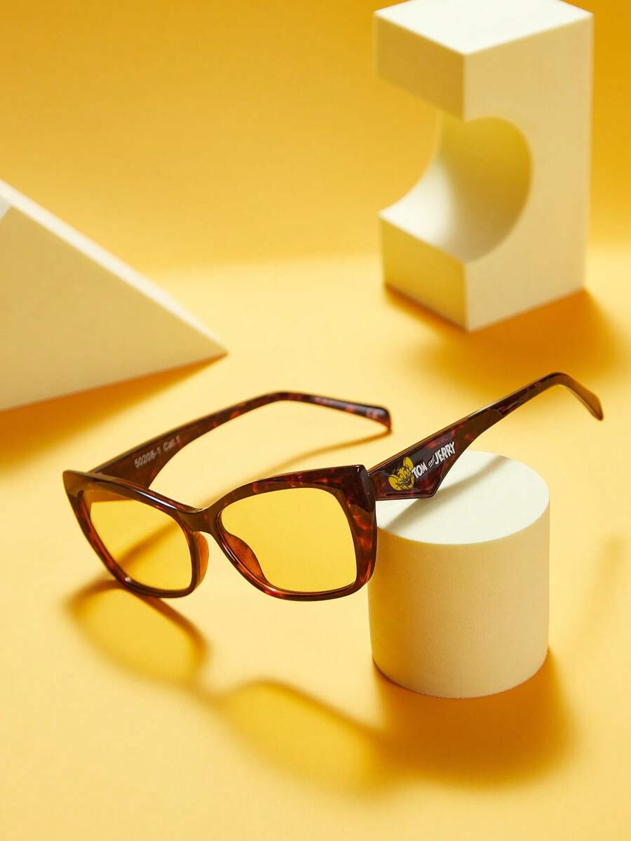 TOM & JERRY X SHEIN Letter And Cute Mouse Pattern Fashionable Glasses - Coffee Brown - View 1