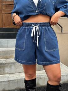 SHEIN EZwear Plus Size Denim Shorts, Fashionable For Summer - Medium Wash - View 7
