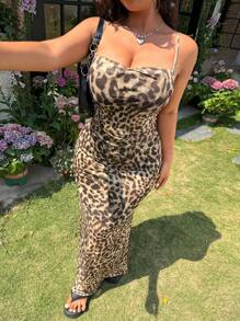 SHEIN EZwear Plus Size Women Summer Vintage Leopard Print Spaghetti Strap Long Dress, Casual Vacation Dress