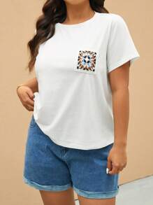 Elaquor Damen Große Größen Blume Muster Rundhals Kurzarm Lässig T-Shirt - Weiss - Übersicht 7