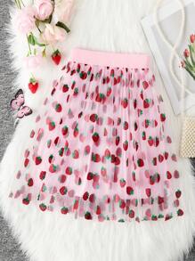 Girls Elegant Strawberry Foil Mesh Tutu Skirt