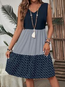 EMERY ROSE Damska sukienka mini bez rękawów w paski w blokach kolorów i kropki, na wakacje, na co dzień