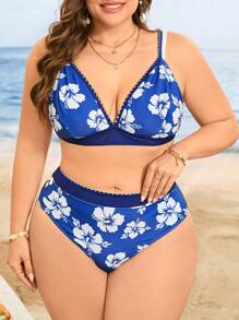 Swim Lushoire Set da 2 pezzi di bikini da donna taglie forti, con stampa floreale, bretelle regolabili, top corto e parte inferiore, moda casual estiva da spiaggia