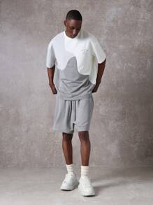 SUMWON 高级套装落肩超大T恤搭配低裆短裤运动休闲两件套街头时尚都市家居服 - 灰色 - 查看 1