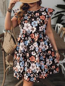 SHEIN VCAY 大码女式花卉印花圆领短袖休闲直筒连衣裙 - 彩色 - 查看 1