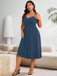 Celure Plus Size Solid Color Pleated Casual Summer Dress Maxi Women Outfit - Blue - View 7