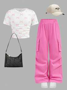 2pcs/Set Tween Girls Cute Bow Allover Printed T-Shirt & Loose Long Pants Set - Pink - View 12