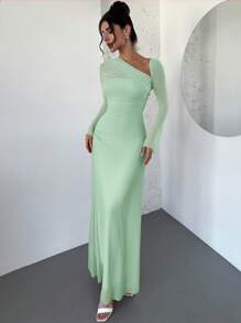 Firerie Robe longue asymétrique à épaules dégagées rose, élégante pour le domicile, les fêtes, les vacances, le printemps/été/automne