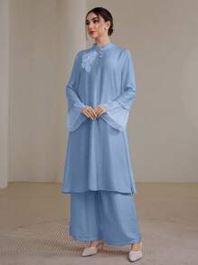 Graceveil 2pcs/Set Women Elegant Stand Collar Ruffle Cuff Long Sleeve Set Modest Fall Cloth For Women - Blue - View 5