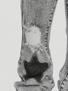 SHEIN Girls Medium Washed Blue Star Embroidery Ripped Skinny Flare Jeans - Light Grey - View 4