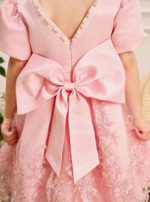 SHEIN Glamorique Kids Young Girl Pink Bowknot Back Elegant Short Sleeve Dress - Pink - View 5
