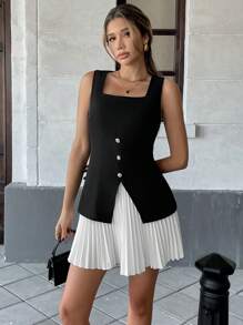 Pariaura Váy xếp ly xẻ tà màu đen trắng tương phản thanh lịch dành cho nữ - Đen và trắng - Xem 5