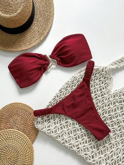 Swim Chiccia Conjunto de bikini de 2 piezas con escote strapless, adorno metálico y lazo sexy, en unicolor, para mujer