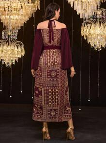 Al Najma Women's Elegant Printed Patchwork Cold Shoulder Halter Flare Sleeve Arabic Style Dress - Burgundy - View 2
