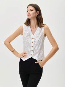 SHEIN LUNE Women's Casual Sleeveless Embroidered Woven Fabric Front-Open Tank Top, Spring/Summer - White - View 3