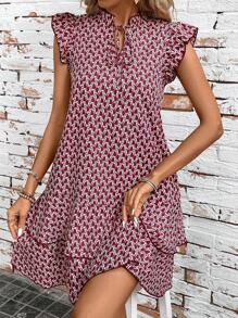 SHEIN Clasi Women's Geometric Print Ruffle Edge Tie Collar Mini Cap Sleeve Dress - Burgundy - View 3