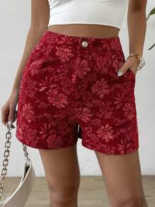 Flirla Women's Floral Jacquard Pleated Random Hem Shorts For Vacation - Burgundy - View 3