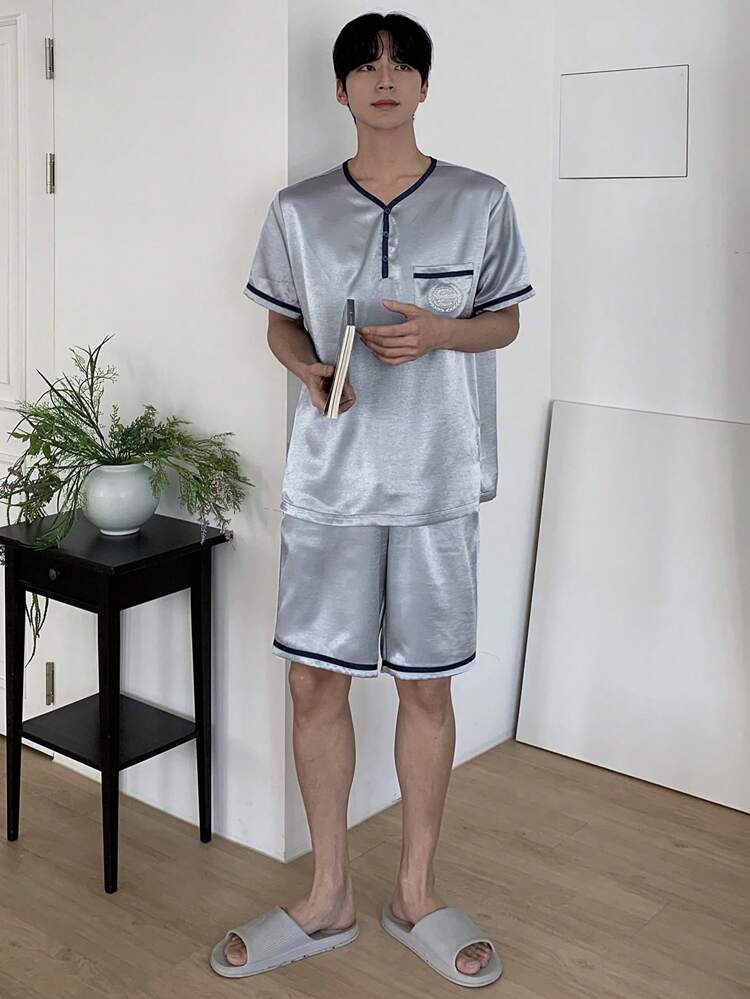 1 Set Men's Solid Gray T-Shirt And Lounge Wear Set, Summer Pajama