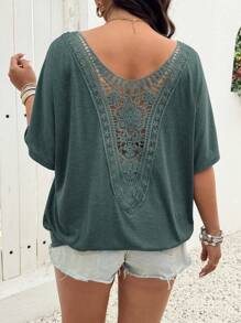 SHEIN LUNE Duża, plisowana, koronkowa, swobodna koszulka z okrągłym dekoltem