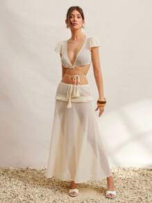 L'Amorae 度假优雅镂空性感绑带流苏盖袖女式衬衫，蕾丝流苏杏色度假长款A字裙，度假女式两件套 - 杏色 - 查看 1