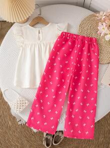 SHEIN Girls Summer Butterfly Pattern Outfit: Floral Embroidery Cap Sleeve Top With Cute Bowknot Print And Loose Fit Wide Leg Pants, Sweet Retro Style - Hot Pink - View 2