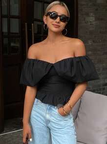 Strévra Top corto elegante de hombros descubiertos de unicolor, camisa de verano, top con volantes para salir - Negro - Ver 6