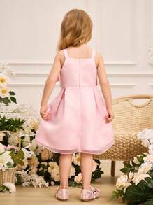 SHEIN Glamorique Kids Vestido de dama de honor con flores para niñas, vestido de niña de las flores, elegante, con moño, vestido de verano para niñas, adecuado para ocasiones formales, eventos, actuaciones en el escenario y recitales de piano - Rosa - Ver 2