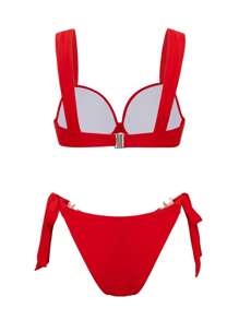 Swim DD+ Women's DD+ Sexy Push-Up Solid-Color Red Crisscross Twist Front Bikini Bikini Bottom For Summer Beach - Red - View 4