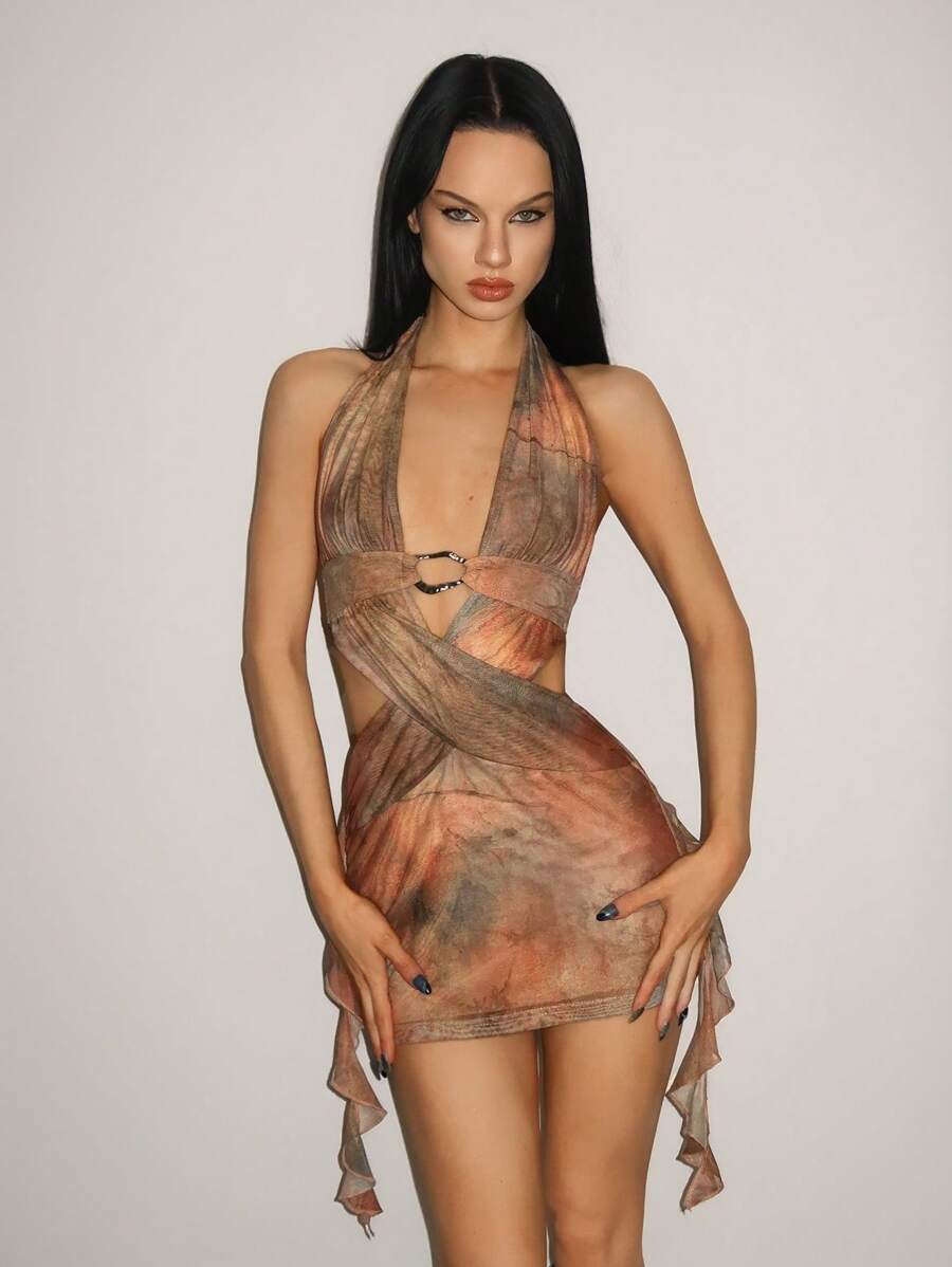 SHEIN ICON Sexy Backless Cross V-Neck Metal Buckle Mini Printed Dress,Rave Outfits Festival,Summer Dresses For Women - Multicolor - View 1