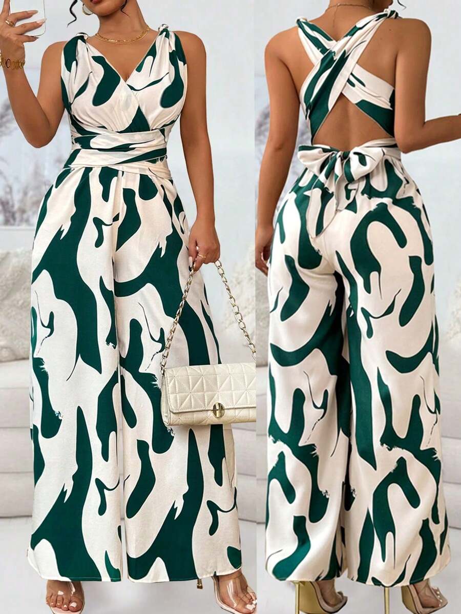 SHEIN Clasi Bộ đồ liền thân hở lưng in họa tiết ngẫu nhiên thời trang dành cho nữ - màu xanh lá - Xem 1