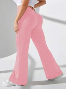 Easithlete Plus Size Casual Solid Color High Waist Flared Sports Pants - Pink - View 2
