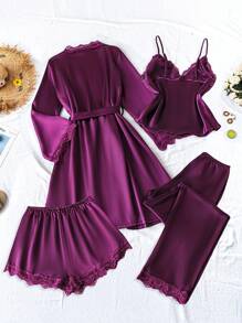 SilkySpell 4pcs Lace Patchwork Faux Silk Camisole, Shorts, Pants & Robe Set