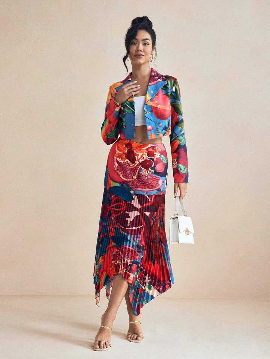 SHAQUITA GARCIA Women's Summer Fruit Print Pleated Asymmetric Hem Skirt Spring And Summer Resort Skirt - Multicolor - View 1