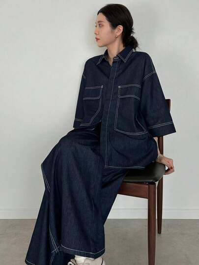 FRIFUL Women's Drop Shoulder Long Sleeve Utility Pocket Single-Breasted Shirt & Jeans Casual 2 Pieces Set Women Summer Clothing Women Plus Clothing Formal Women Jeans Plus Size Women Plus Clothing Business Casual Women Summer Sets