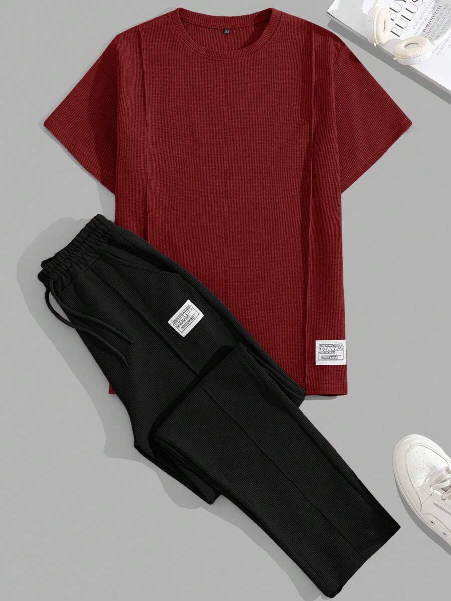RueChic Cotton Men Patch Detailed With A Label Regular T-Shirt & Pants Two Pieces - Burgundy - View 1