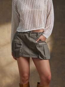 WESTFADE Low Rise Utility Cargo Pocket Stretch Twill Mini Skirt Spring Break Summer Vacation - Olive Green - View 4