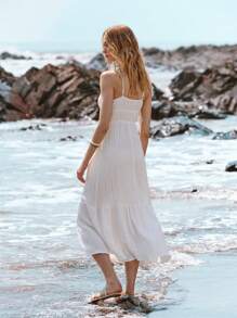 Lumivelle Women's Sleeveless Solid Color Drawstring Dress, Vacation Sexy Elegant - White - View 3