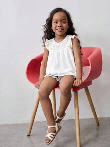 Maija Kids Maija Kids 年轻女孩休闲纹理拼接盖袖圆领宽松背心，适合户外、居家、返校、度假、春夏季