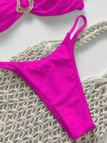 Swim Mod 春假女士纯色露肩吊带系带金属点缀性感比基尼套装 - 玫紅色 - 查看 5