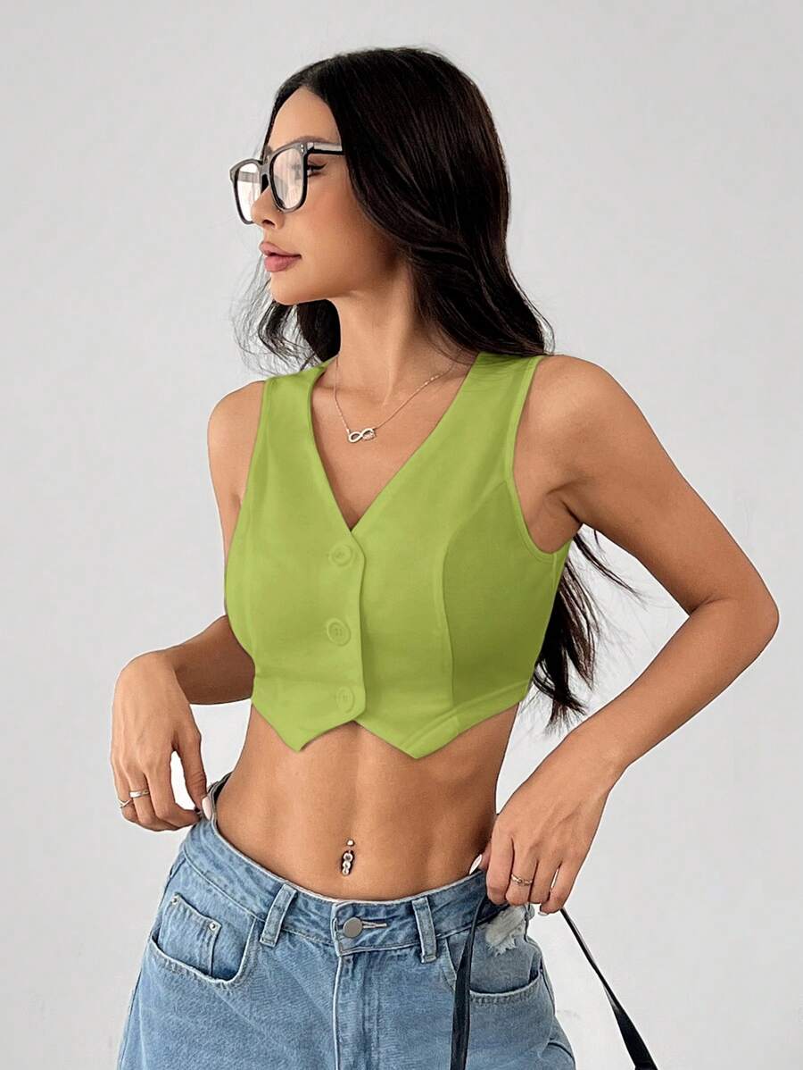 SHEIN PETITE Women's Green Knitted Casual Crop Blazer Vest: Sleeveless, V-Neck, Button-Front Design For A Chic Look - Green - View 1