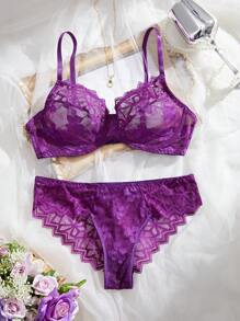 Esselle 2 件套女士蕾丝性感内衣钢圈文胸和内裤套装，简约时尚，适合休闲和日常穿着 - 紫色 - 查看 4